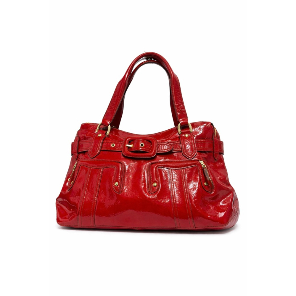 Cole Haan Red Patent Leather Shoulder Bag Buckle Accent Large Tote Y2K